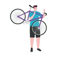 man lifting purple bicycle vector