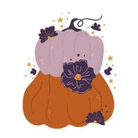 Pumpkins cartoon compositions with leaves and flowers. Pumpkin  isolated vector composition for autumn fall, agricultural harvest, Thanksgiving or Halloween designs