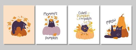 decorar la habitación de un niño. lindo gato negro y calabazas. artes de la pared del cuarto de niños. personajes de otoño de calabaza kawaii. conjunto de ilustraciones vectoriales perfectas para tarjetas, invitaciones, carteles. vector