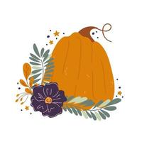 Pumpkins cartoon compositions with leaves and flowers. Pumpkin  isolated vector composition for autumn fall, agricultural harvest, Thanksgiving or Halloween designs