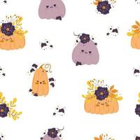 de patrones sin fisuras con lindas calabazas y. patrones de niños de guardería. personajes de otoño de calabaza kawaii. patrón vectorial perfecto para telas, invitaciones, carteles, impresión vector