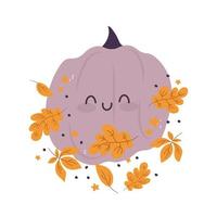 Pumpkin card with cartoon character with leaves and flowers. Pumpkin    isolated vector composition for autumn fall, agricultural harvest, Thanksgiving or Halloween designs