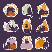 Stickers pack with cute black cat and pumpkins. Kawaii Cat plays with pumpkin and leaves. Autumn seasonal october  hand drawn design. vector