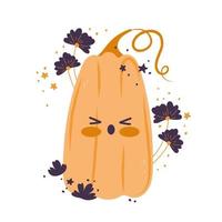 Pumpkin card with cartoon character with leaves and flowers. Pumpkin    isolated vector composition for autumn fall, agricultural harvest, Thanksgiving or Halloween designs