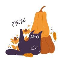 tarjeta de gatos y calabazas con personajes de dibujos animados con hojas y flores. composición vectorial aislada para otoño, cosecha agrícola, acción de gracias o diseños de halloween vector