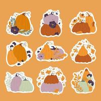 umpkins sticker pack cartoon compositions with leaves and flowers. Stickers of various shapes and colors isolated vector composition for autumn fall, agricultural harvest, Thanksgiving or Halloween