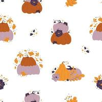 Seamless pattern with  Cute pumpkins and autumn leaves. Nursery kids patterns. Kawaii Pumpkin autumn fall illustration. Vector pattern perfect for fabric, invitations, posters, printing