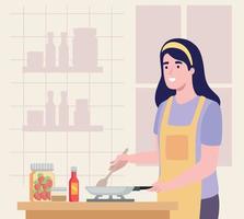 woman cooking with pan vector