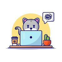 lindo gato trabajando en la computadora portátil con ilustración de icono de vector de dibujos animados de café. concepto de icono de tecnología animal vector premium aislado. estilo de dibujos animados plana