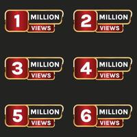 million views celebration banner vector set, golden 1 million views to 6 million plus views label set