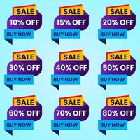 discount stickers set for shop, retail, promotion. 10, 20, 25, 30, 40, 50, 60, 70 percentage off buy now vector
