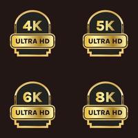 conjunto de logotipos de iconos de resolución de video ultra hd de 8k, 6k, 5k, 4k dorados vector