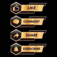 golden like comment share and subscribe text button vector set