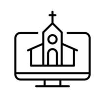 Online church service streaming broadcasting video, christian chapel in monitor media flat vector icon for apps and websites