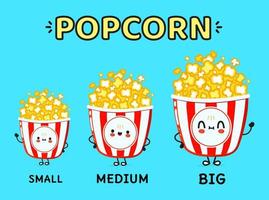 Set of different size popcorn vectors isolated on blue. Illustration of a small, medium and big popcorn collection