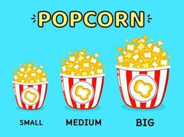 Set of different size popcorn vectors isolated on blue. Illustration of a small, medium and big popcorn collection