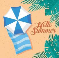 hello summer lettering and umbrella vector