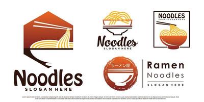 conjunto de paquete de diseño de logotipo de icono de fideos ramen con tazón, palillo y vector premium de concepto creativo