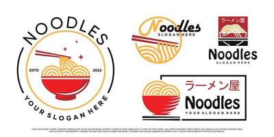 conjunto de paquete de diseño de logotipo de icono de fideos y ramen con vector premium de tazón y palillo