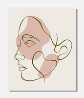 Vector poster with illustration of woman line art face. Modern one line drawing with blobs, pastel colors. Sisterhood and Feminism. Illustration for web and print.