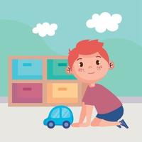 little boy playing with car vector
