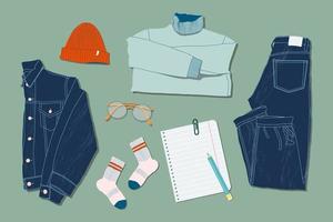 Sweater, jeans, denim jacket glasses, socks, hat and note list flat lay style. Trendy top down view illustration. Autumn atmosphere. Modern minimalistic group of clothes design for web card, banner. vector