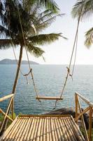 Wooden swing setting bamboos Sea view mountain with coconut palm trees sunset background. photo