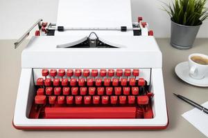 Retro typewriter with blank paper on desk photo