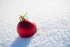 red christmas ball in fresh snow photo