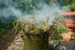 Burning dry greens in garden area. Smoke from burning branches. photo