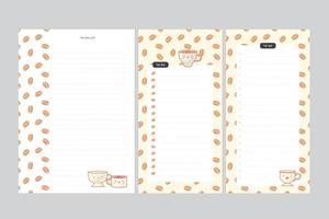 Set of cute blank notepad with cup and coffee. Hand drawn vector illustration. Template paper for sticker note, memo. Cartoon style. Isolated.