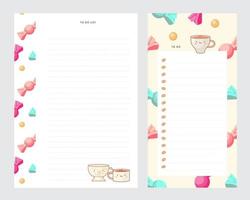 conjunto de notas y lista de tareas con lindas ilustraciones de postres. plantilla para planificadores, listas de verificación, cuadernos, lista de compras y otros artículos de papelería. vector