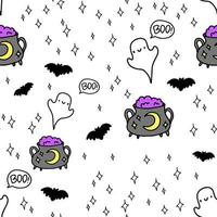 Cute white pattern with doodle black line the cauldron with a ghost, halloween, magic seamless background. For fabric textile, bedroom, baby, children. vector