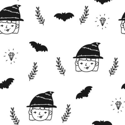 Cute vintage pattern with doodle black the flying mouse, witch, halloween, magic seamless background. For fabric textile, bedroom, baby, children.
