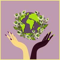 Different race hands holding globe. Earth day concept. Saving the planet together. Globe framed by a floral wreath. Modern colorful vector illustration cartoon flat style.