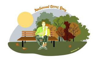 Happy European family sits on a park bench in sunny weather. National sons day conceptual vector design. Father sits on a bench with his son