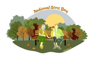 Happy European family sits on a park bench in sunny weather. National sons day conceptual vector design. Elderly mother sits on a bench with her son and grandson
