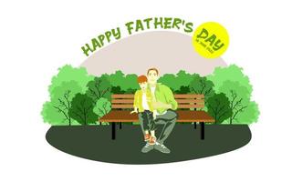 Happy European family sits on a park bench in sunny weather. Happy fathers day conceptual vector design. Father sits on a bench with his kids