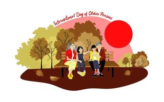 International day of older persons vector illustration. Asian elderly woman and man with grandchildren. Happy and smiling elderly woman and man are sitting on a bench in the autamn park