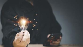 Idea innovation and inspiration concept. Hand of man holding illuminated light bulb, concept creativity with bulbs that shine glitter. Inspiration of ideas for sustainable business development. photo