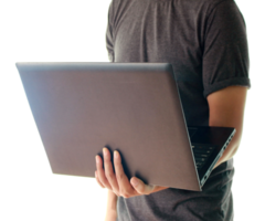 Man holding the laptop on transparent background png file