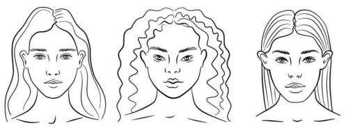 un conjunto de personajes femeninos en estilo lineal simple. conjunto de retratos de mujeres diversas. caras de chicas guapas aisladas sobre fondo blanco. vector