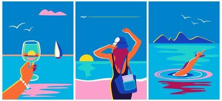 un conjunto de ilustraciones conceptuales que representan el final del verano, disfrutando de la vida, soñando. mujer en la playa, buceando en el mar, sosteniendo una copa de champán. vector