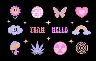 70s groovy stickers pack. Retro print for graphic tee in y2k style. Trendy girly patches collection. vector