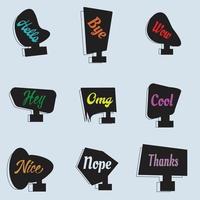 Printblack and white speech bubble set with text with hello, bye, wow, hey, omg, cool, nice, nope, and thanks . Free Vector