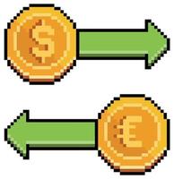 Pixel art euro dollar trading. Currency exchange vector icon for 8bit game on white background