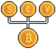 Pixel art bitcoin controlling fiat currencies dollar, euro, yen vector icon for 8bit game on white background