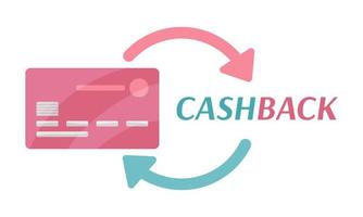 Cashback vector flat illustration. Plastic bank card, arrows ant text. Money from payment return to card. Cashback receiving concept. Commercial financial transaction symbol