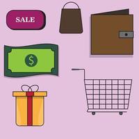 shopping icon set illustration sale, currency basket gift  wallet supermarket vector