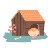 Cute cartoon dog sitting in the doghouse with his back outside. Booty of a dog in the form of a heart in wooden kennel. Vector flat hand drawn illustration